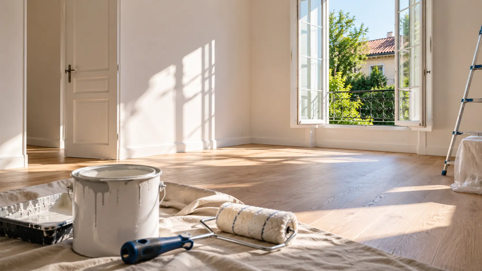 Intérieur d'un logement en cours de remise en état après un squat — nettoyage professionnel et réparations